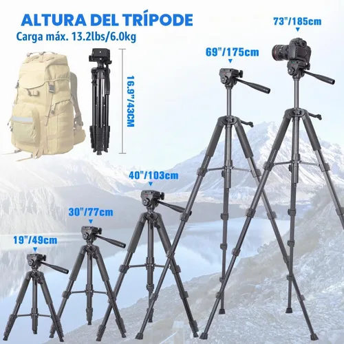 Vista 2 de Trípode para cámara, trípode de cámara DSLR de 74 pulgadas con 2 placas QR para Sony/Nikon/Canon, trípode de video ligero para viajes, trípode
