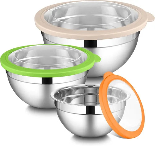 Vista 8 de LIANYU Juego de 3 tazones para mezclar con tapas, tazones de metal de acero inoxidable anidables grandes y pequeños para almacenamiento de cocina