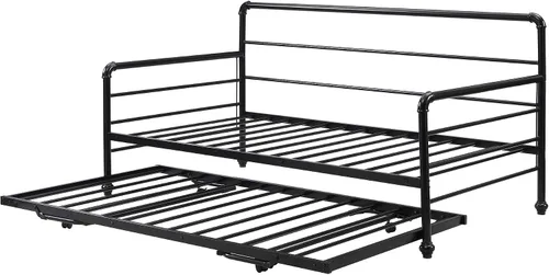 Vista 8 de Sofá cama doble de metal con nido desplegable ajustable, marco de acero resistente, soporte de listones de metal, sin necesidad de somier, cama