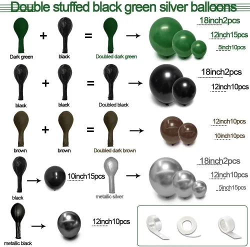 Vista 3 de Arco de globos de látex negro y verde, guirnalda de globos de látex de doble relleno, color verde oscuro, marrón, plateado, para camuflaje