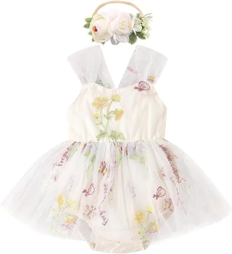 Vista 21 de IDOPIP Conjunto de 2 piezas para bebé recién nacido, con diadema, bordado de flores, tutú, princesa, fiesta de cumpleaños, conjunto de ropa
