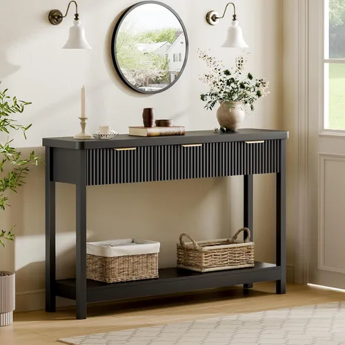 Vista 3 de Lulive Mesa Consola Acanalada de 51" para Entrada, Mesa de Entrada con 3 Cajones de Madera, Mesa Estilo Granja Detrás del Sofá para Sala de Estar