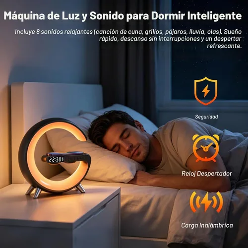 Vista 5 de 4 In 1 Smart LED Table Lamp, Alarm Clock, Bluetooth Speaker, Wireless Charger, App Control Night Light Bedside Lamp with Fast Charging Station for