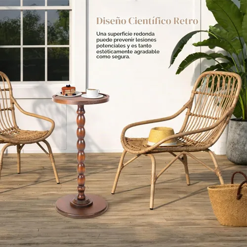 Vista 2 de Mesa auxiliar redonda con pedestal de madera maciza con borde superior de bandeja – Mesa auxiliar giratoria de bobina para sala de estar