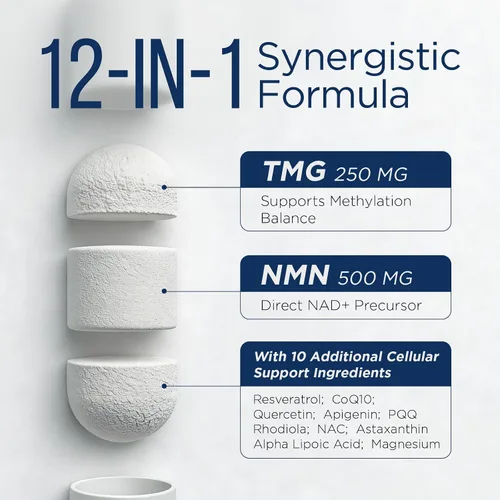 Vista 3 de Suplemento NMN neuroliposomal NMN con resveratrol, TMG, Quercetina, CoQ10, Rhodiola, NAC, Astaxantina y Magnesio NAD+ precursor apoya la energía