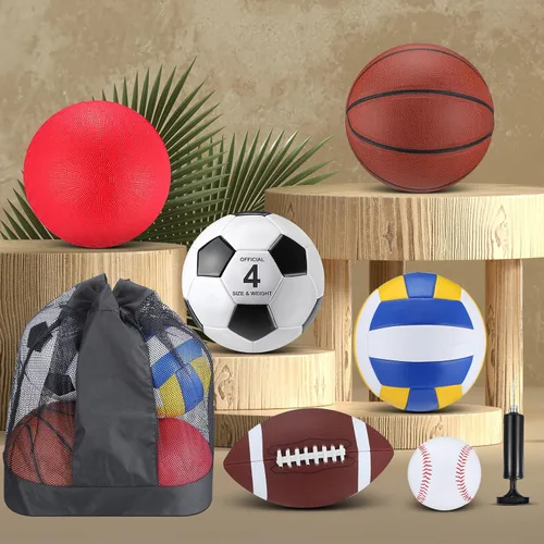 Vista 4 de Deekin 12 Pcs Assorted Sport Ball Set for Kids Official Size Basketball Football Volleyball Soccer Baseball Playground Ball with Bag and Pump for