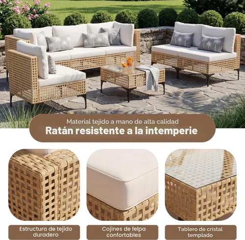 Vista 3 de Devoko Juego de muebles de patio, sofá modular de mimbre para exteriores de Beige