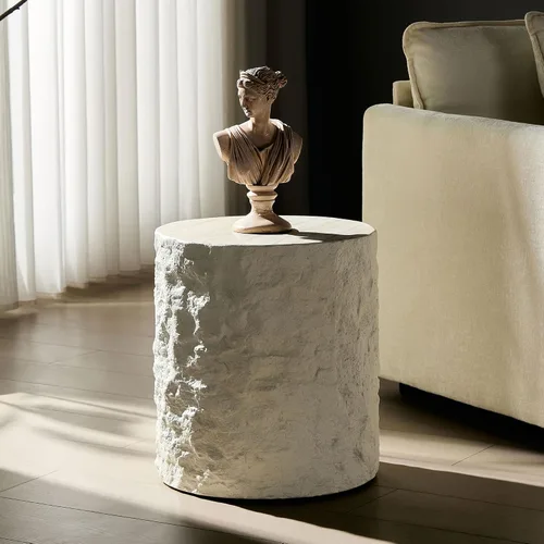 Vista 3 de WILLIAMSPACE Mesa auxiliar redonda de 15.75" con patrón de piedra de cemento para sala de estar, mesa auxiliar moderna circular de fibra de vidrio