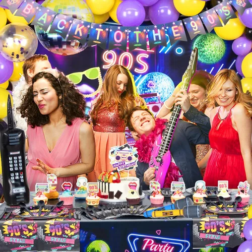 Vista 7 de HJINGY Decoraciones de fiesta de los años 90, el paquete de fiesta temática de los años 80 y 90 incluye gitar-inflable y teléfono móvil, pancarta