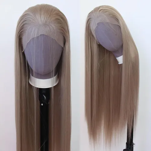 Vista 16 de 99J Peluca larga y lisa 99J color borgoña sintética con encaje frontal, predesfilada con línea de cabello natural para mujeres de moda, cabello