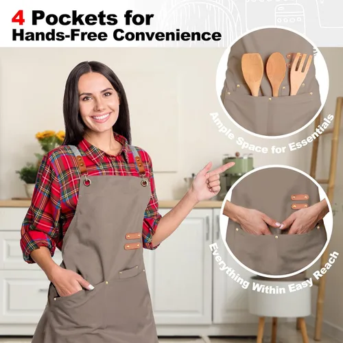 Vista 6 de Delantal de chef BeLuyi con babero, delantal de herramientas para hombre y mujer con tiras cruzadas en la espalda y 4 bolsillos para cocina