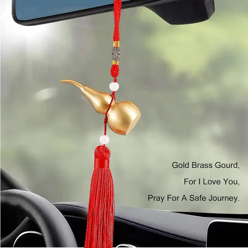Vista 2 de Adornos colgantes de Feng Shui, calabaza dorada de Wu Lou, con tira de la suerte roja, tesoro ideal para colgante de automóvil, dormitorio, puerta