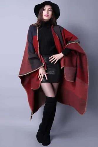 Vista 5 de Chal de punto para mujer, a cuadros, con parte delantera abierta, tipo poncho, tipo capa envolvente
