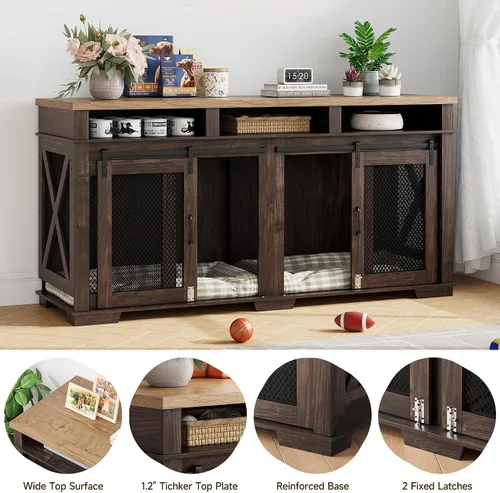 Vista 5 de Mueble de jaula para perros de 71 pulgadas para 2 perros, perrera con 3 cajones de almacenamiento y divisor extraíble, jaula doble extragrande