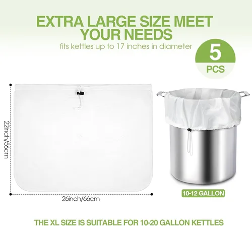 Vista 2 de Chumia Paquete de 5 Bolsas de Infusión Reutilizables Extra Grandes de 26 x 22 Pulgadas Filtros de Malla Fina para Cerveza Fría Bolsas de Colado