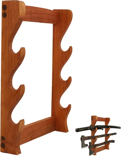 Vista 19 de Mythrojan Soporte de espada medieval de madera maciza horizontal para katana, samurái, gladiador, espadas cruzadas, soporte de mesa elegante, 1 nivel