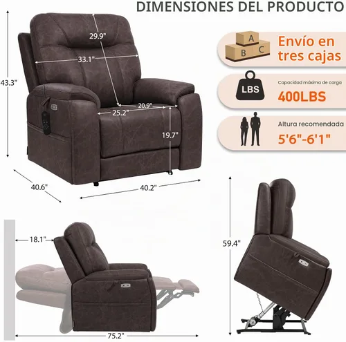 Vista 3 de EONIX Silla reclinable grande de triple motor con calor y masaje Marrón oscuro