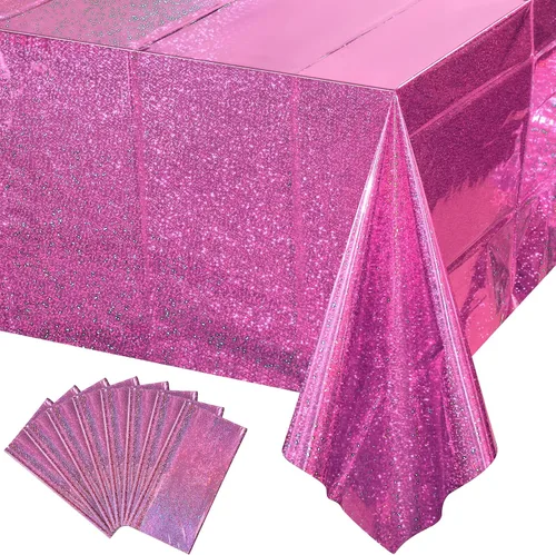 Vista 10 de Paquete de 4 manteles de plástico iridiscente brillantes desechables láser rectangulares, cubiertas de mesa, mantel de papel holográfico