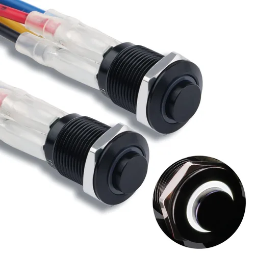 Vista 8 de 2 interruptores de botón de metal con pestillo de 0.472 pulgadas, cabeza elevada de 12 V-24 V, 4 pines de encendido y apagado, 1 no, carcasa negra