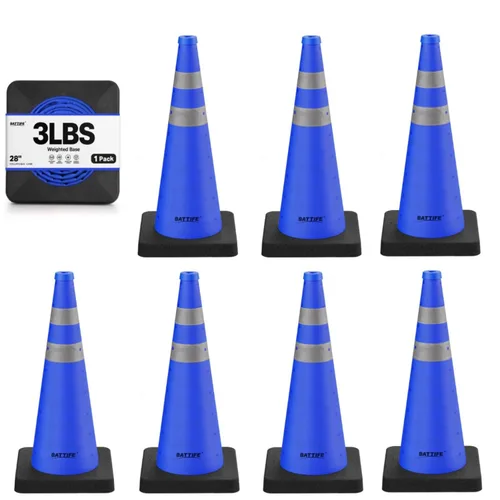 Vista 12 de BATTIFE [1 Paquete] Conos azules plegables de seguridad de tráfico de 28 pulgadas con base negra pesada, conos emergentes multiusos con collar