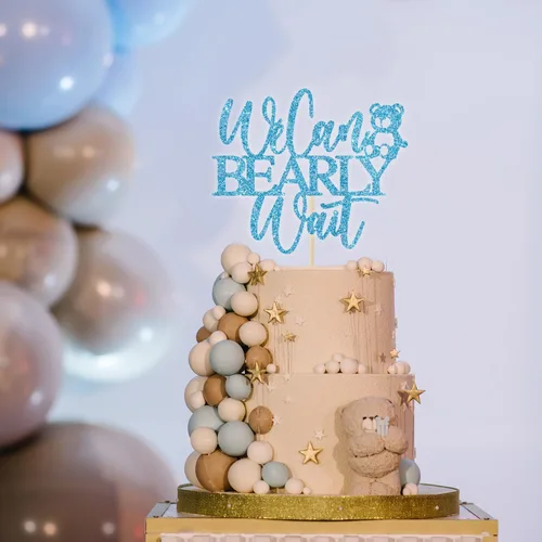 Vista 2 de We Can Bearly Wait - Decoración para pasteles, oso de peluche, decoración de baby shower para niños, tema de oso de bebé, baby shower, revelación