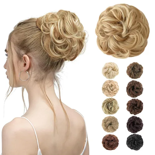 Vista 37 de MORICA Moño desordenado, extensiones de moño sintético para mujeres (rubio beige ceniza)