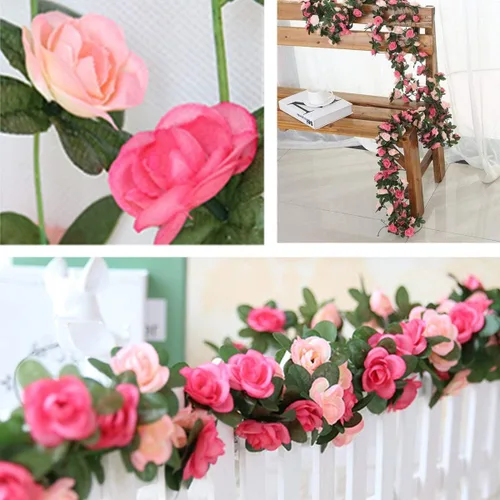 Vista 4 de Flores de rosas falsas, paquete de 2 flores artificiales de 8.2 pies, guirnalda de flores colgantes para habitación, hogar, hotel, oficina, boda