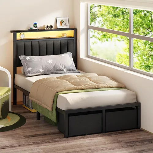 Vista 4 de Furnulem Bases de Cama Individual con Estación de Carga y Luces LED, Cabecero Tapizado Gris con Estantes, Cama de Plataforma de Metal con 2