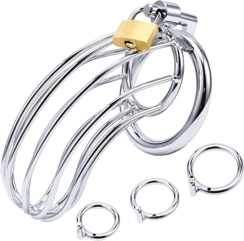 Vista 6 de Jaula de castidad masculina – Jaula de metal grande para pene con dispositivo de castidad bloqueado con 3 tamaños de anillos y 2 llaves, juguetes