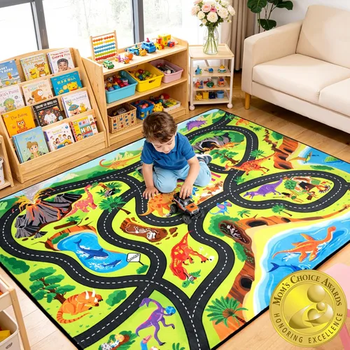 Vista 12 de Alfombra de carretera para niños de 3 x 5 pies, alfombra de juego de coche de ciudad costera para autos de juguete, alfombra educativa de mapa