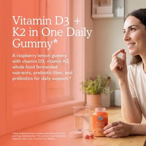 Vista 2 de Gomitas Garden of Life Vitamin Code D3 y K2 con prebióticos y probióticos, salud ósea, salud inmunológica y apoyo digestivo, cero azúcar, sin OMG