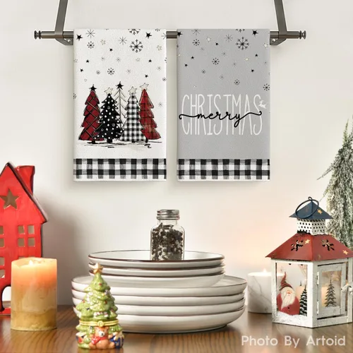 Vista 2 de Artoid Mode Toallas de cocina con estampado de búfalo de Merry Christmas, toallas de cocina de invierno con árboles de Navidad y estrellas, toallas