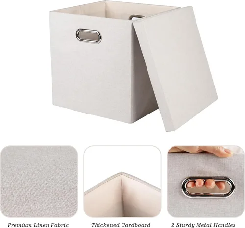 Vista 4 de Contenedores de almacenamiento con tapas, cajas plegables de tela de lino, contenedores organizadores con tapa, cesta de almacenamiento plegable