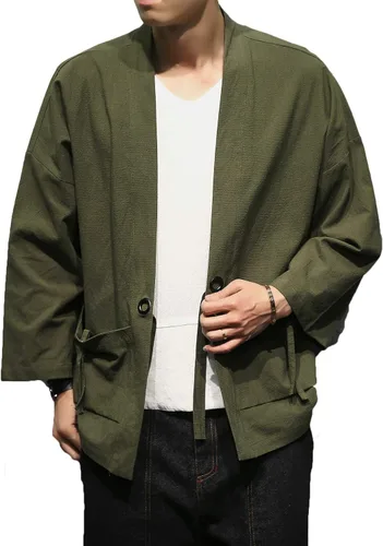 Vista 3 de Chaquetas tipo kimono con bordado de lino y mezcla de algodón para hombre