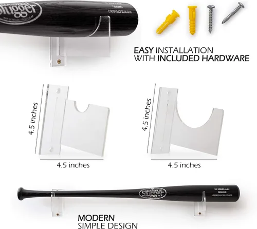 Vista 2 de Soporte de pared para bate de béisbol para exhibición horizontal, soporte de acrílico resistente para bate de bate - Se adapta a cualquier bate