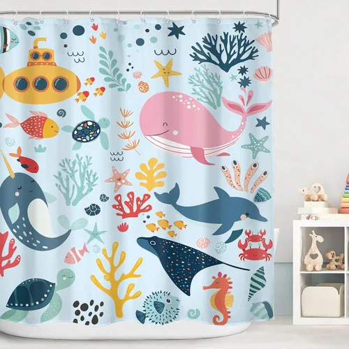 Vista 10 de Cortina de ducha para niños, océano, verano, linda ballena de dibujos animados, divertida decoración de baño para guardería, niños y niñas