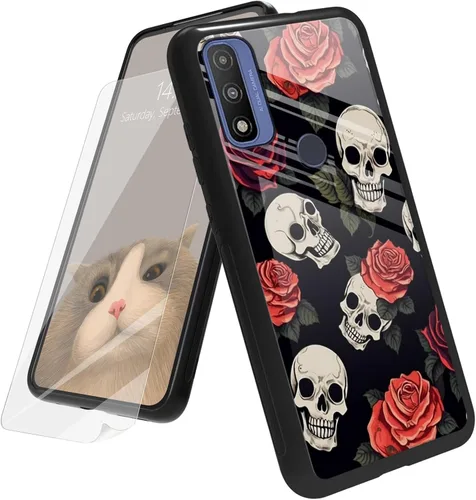 Vista 86 de Funda para Motorola Moto G Play 4G 2024 con protector de pantalla, parte trasera de vidrio templado + funda de silicona suave TPU absorción