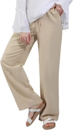 Vista 3 de utcoco Pantalones de algodón y lino con cordón de cintura alta para mujer, estilo casual, ajuste holgado, pierna ancha
