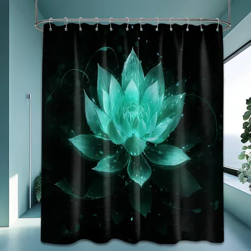Vista 30 de Cortina de ducha con flores de loto negro y azul para decoración de baño, juego de cortinas decorativas de baño con estampado floral, tela