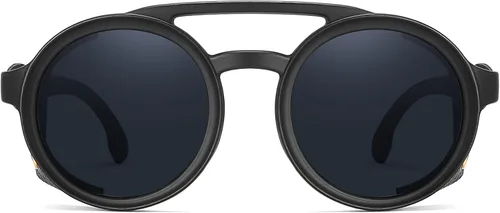 Vista 2 de Technigadgets Finnegan Steampunk - Lentes de sol retro para hombre y mujer, con escudo lateral de cuero, doble puente de plástico, marco