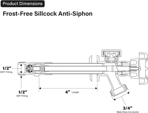 Vista 3 de Midline Valve Llave de sillín antiescarcha de 6 pulgadas con rompedor de vacío integral, latón cromado, sin plomo, entrada MIP/sudor de 1/2 pulgada