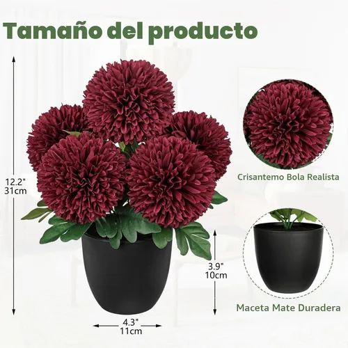 Vista 2 de Briful Madres artificiales burdeos – Crisantemos realistas de otoño de seda en maceta negra, flores sintéticas en maceta para el hogar, centro