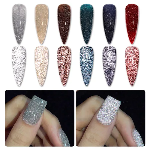 Vista 10 de GAOY Juego de esmalte de uñas de gel con brillantina reflectante de 6 colores, incluye colores rosa, plateado, rojo, verde, kit de esmalte de gel