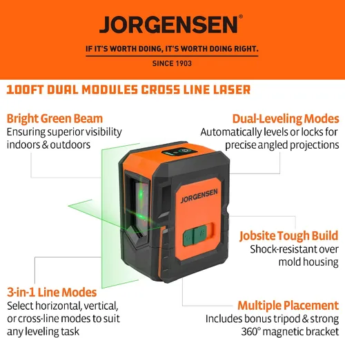 Vista 2 de JORGENSEN Nivel Láser con Trípode, Módulos Duales de 100 FT Herramienta Niveladora Láser de Línea Cruzada Autonivelante con Base Magnética de 360°