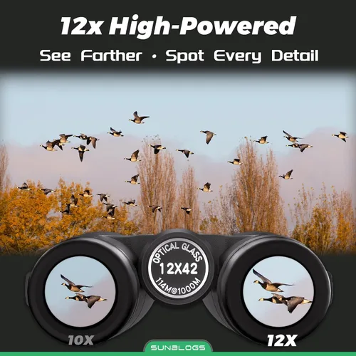 Vista 2 de Prismáticos HD de 12 x 42 pulgadas para adultos de alta potencia, prisma BAK4 impermeables para observación de aves, caza, viajes, senderismo y Negro