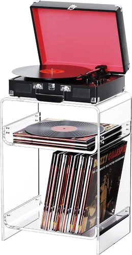 Vista 20 de Mesa de tocadiscos de acrílico con estante de almacenamiento, mesa auxiliar transparente mesita de noche (negro, mediano)
