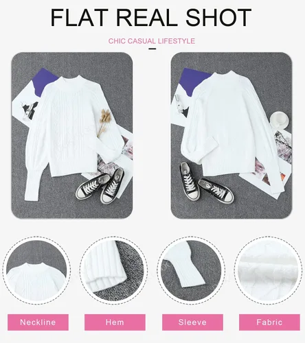 Vista 4 de Dokotoo Suéter casual de invierno para mujer, manga larga, color sólido, punto trenzado, manga de globo, cuello alto falso