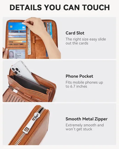 Vista 3 de BOSTANTEN - Carteras de cuero para mujer, bloqueo de identificación por radio frecuencia (RFID), cierre de cremallera alrededor, tarjetero, cartera