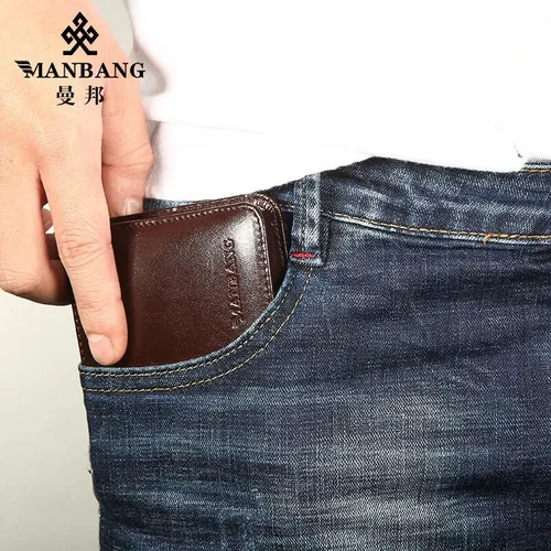 Vista 6 de Cuero de vaca auténtico cartera de lujo para hombre, de lujo, original, de tres pliegues, primera capa, de piel vacuna, horizontal, moda, Café