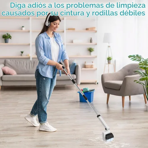 Vista 2 de Cepillo eléctrico giratorio de rodillo, cepillo de limpieza eléctrico inalámbrico de 2 velocidades, 4 cabezales de cepillo multiusos y poste